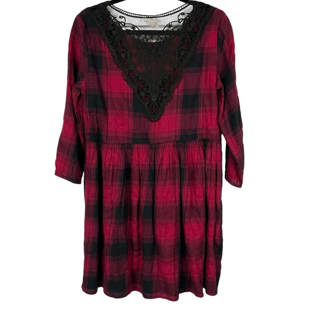 HEM & THREAD Maroon and Black Buffalo Plaid Dress Back Lace Inset  S NWT